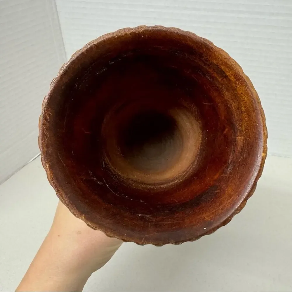 Vintage Wood Carved Tiki Vase Floral Boho Brown Home Decor